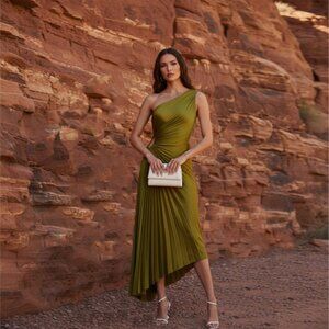 Olive one shoulder silky pleated dress - Elegant and luxury party dress
